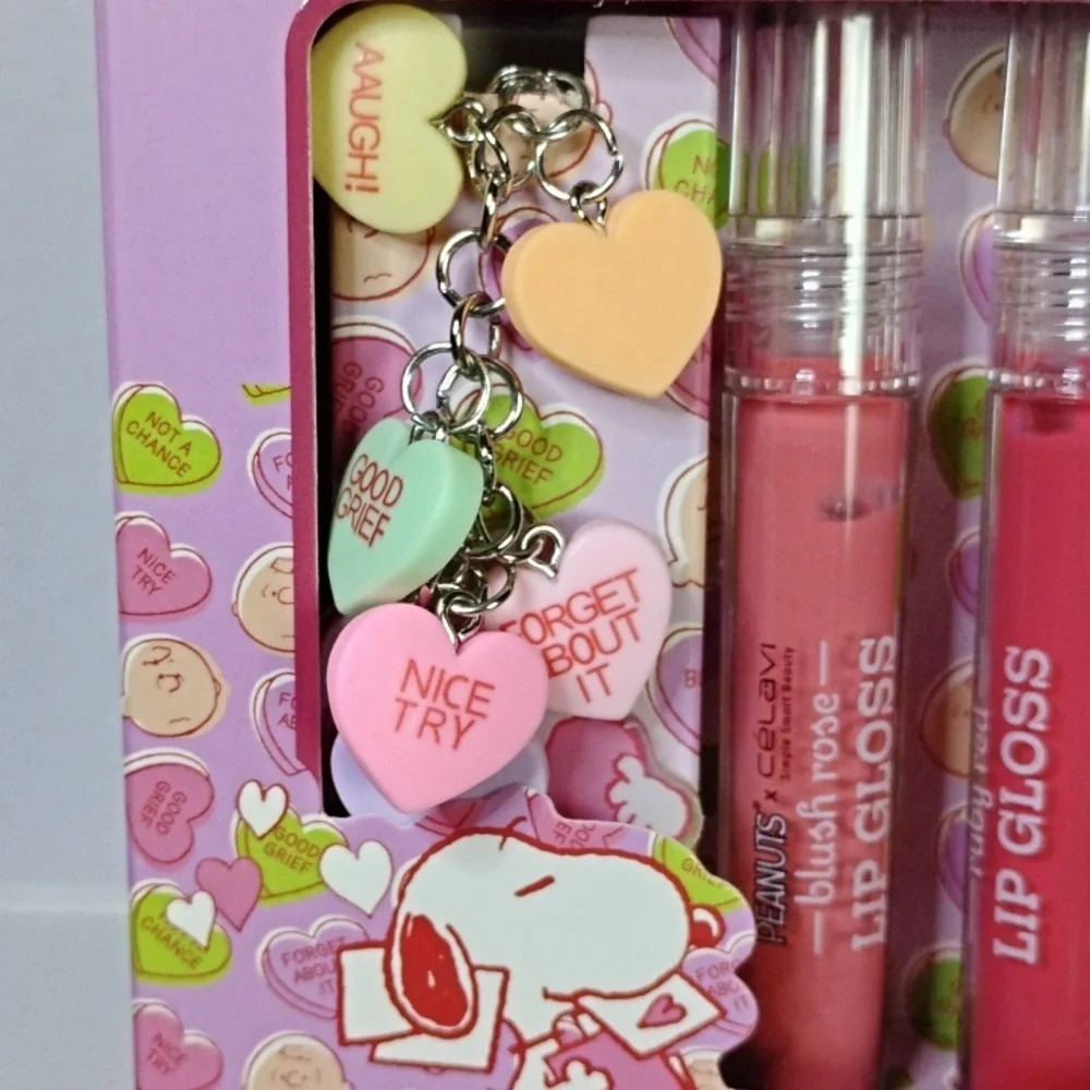 Peanuts x Celavi Candy Hearts Lip Gloss Set with Valentines Keychain Limited Ed